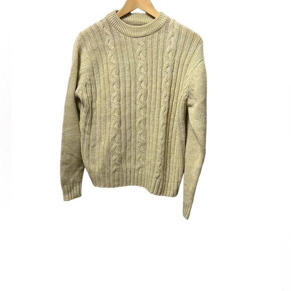 VINTAGE Tan Chunky Cable Knit Crew Neck Pullover Sweater S - Picture 1 of 6
